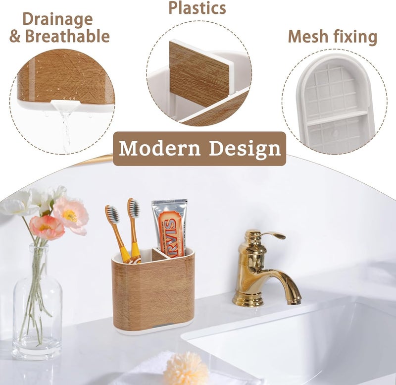 Chintu Toothbrush and Toothpaste Holder with Divider for Bathroom Countertop Organizer, 2 Slots Electric Toothbrush Holders Storage Caddy Drainage for Family, Kids(Wood Grain) - Image 2